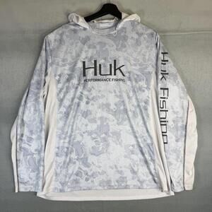Huk Performance Fishing Hoodie Men’s XL White Gray Camo Stretch Lightweight